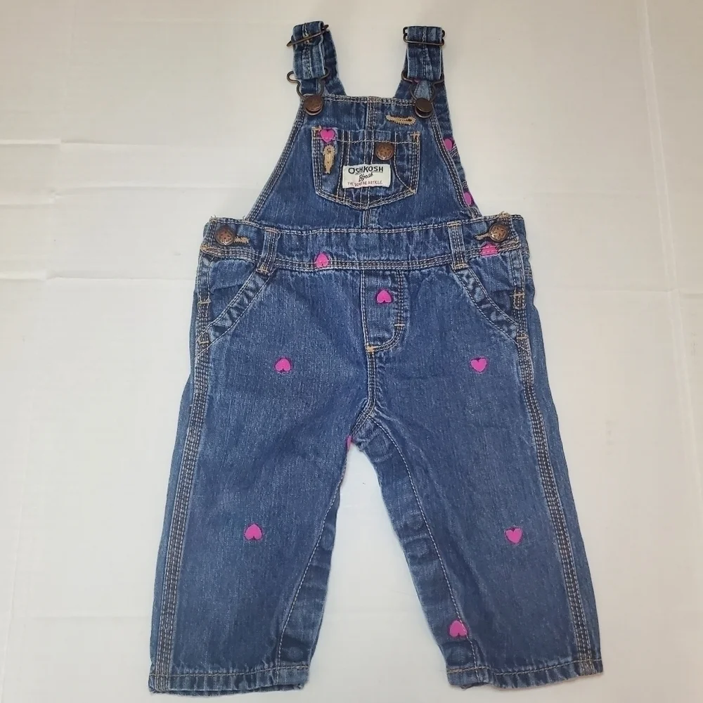 OshKosh B'Gosh Denim Overalls Embroidered Hearts Blue Pink Size 6 M